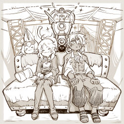 &gt;_&lt; 2boys 3girls albaz_(yu-gi-oh!) animal_ears anonymous_(yu-gi-oh!) blush blush_stickers border commentary_request couch dark-skinned_male dark_skin dragon_boy duel_monster ecclesia_(yu-gi-oh!) ferret_ears ferret_girl ferret_tail kitt_(yu-gi-oh!) monochrome multiple_boys multiple_girls official_art on_couch promotional_art sparkle tri-brigade_ferrijit_the_barren_blossom tri-brigade_kitt tri-brigade_mercourier tri-brigade_rugal_the_silver_sheller yu-gi-oh!