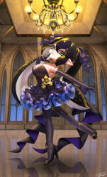 1girl anklet black_choker black_hair black_shoes blurry blurry_background breasts chandelier choker cleavage commentary commission dress elbow_gloves english_commentary full_body glint gloves grey_eyes grin hair_between_eyes hair_ribbon highres indoors inkling inkling_girl inkling_player_character jewelry large_breasts layered_dress long_hair necklace nintendo outstretched_arm pantyhose pointy_ears puchiman purple_dress purple_gloves purple_pantyhose purple_ribbon reflective_floor ribbon shoes sidelocks signature smile solo splatoon_(series) standing standing_on_one_leg strapless strapless_dress tentacle_hair twintails watermark watermark_grid