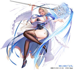1girl absurdres areola_slip armpits artist_name ass blonde_hair blue_cloak blue_eyes blush breast_curtains breasts character_name cleavage cloak copyright_notice earrings full_body garter_straps gem high_heels highres holding holding_staff holding_weapon huge_breasts jewelry kyonyuu_fantasy_burst long_hair looking_at_viewer ogre_(illustogre) open_mouth simple_background solo staff thighhighs thighs very_long_hair weapon white_background yura_(kyonyuu_fantasy_burst) zettai_ryouiki