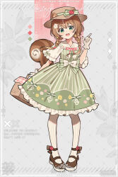 1girl absurdres animal_ears ayunda_risu basket bow braid braided_sidelocks brown_hair brown_hat brown_shoes commentary_request country_lolita dress ears_through_headwear full_body gloves green_dress green_eyes grey_background half_gloves hand_up hat highres holding holding_basket hololive hololive_indonesia lolita_fashion looking_at_viewer open_mouth pantyhose pink_background pointing pointing_up shirt shirt_under_dress shoes short_hair short_sleeves smile solo squirrel_ears squirrel_girl squirrel_tail tail teeth twin_braids upper_teeth_only virtual_youtuber waka_(wk4444) watermark white_gloves white_pantyhose white_shirt