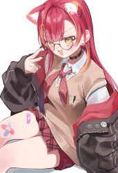 1girl :3 absurdres animal_ear_fluff animal_ears bandaid bandaid_on_leg black_choker black_jacket black_nails brown_sweater cat_ears choker crossed_bandaids earrings extra_ears glasses highres jacket jewelry long_hair multicolored_hair neckerchief nekota_tsuna nekota_tsuna_(4th_costume) off_shoulder open_clothes open_jacket open_mouth orange_eyes paw_hair_ornament plaid_clothes plaid_skirt pleated_skirt red_hair red_neckerchief red_shorts shirt short-sleeved_sweater short_sleeves shorts shorts_under_skirt shumpi simple_background sitting skirt solo streaked_hair sweater swept_bangs v virtual_youtuber vspo! white_background white_shirt