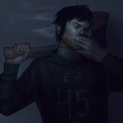 1boy afraid_of_monsters arm_up axe bags_under_eyes black_eyes black_hair black_hoodie blood blood_on_face cigarette dark david_leatherhoff fire_axe highres holding holding_axe holding_cigarette hood hood_down hoodie over_shoulder print_hoodie short_hair smoking softlight18 solo turtleneck upper_body weapon weapon_over_shoulder