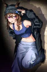 1girl absurdres against_wall animal_ears arm_up badge beanie black_hat black_jacket blue_shirt blurry blurry_background boc&#039;z_(umamusume) breasts brown_hair button_badge ears_through_headwear grey_pants gul_(parfaitgul) hair_between_eyes hand_on_own_head hat highres horse_ears jacket lollipop_in_mouth long_hair looking_at_viewer midriff nakayama_festa_(boc&#039;z_we\n)_(umamusume) nakayama_festa_(umamusume) navel open_clothes open_jacket pants pink_eyes shadow shirt small_breasts solo sweatpants tank_top umamusume