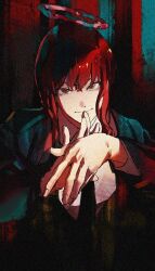 1girl black_coat black_necktie chainsaw_man closed_mouth coat forever9_(user_jwem4753) halo hands_up light_smile looking_at_viewer makima_(chainsaw_man) necktie red_hair red_halo ringed_eyes shirt solo white_shirt yellow_eyes