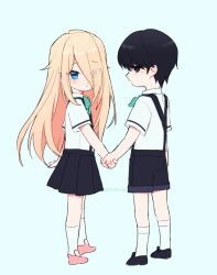 1boy 1girl aged_down black_eyes black_hair black_shorts black_skirt blonde_hair blue_background blue_eyes bow closed_mouth full_body go_na-rae green_bow hair_over_one_eye holding_hands idtkrk05 jeong_dong-seok long_hair looking_at_viewer mole mole_under_eye pleated_skirt shirt shoes short_hair short_sleeves shorts simple_background skirt socks standing suspenders twitter_username white_shirt white_socks zombie_high_school