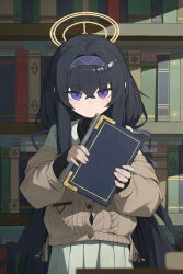 1girl black_hair blue_archive book bookshelf brown_cardigan cardigan halo headband highres holding holding_book huaaa_nn long_hair looking_at_viewer pleated_skirt purple_eyes purple_headband skirt solo standing ui_(blue_archive) very_long_hair