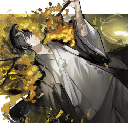 1boy black_hair commentary_request cowboy_shot dutch_angle e.g.o_(project_moon) frown hair_between_eyes hanbok hayama_eishi highres korean_clothes limbus_company looking_at_viewer male_focus overcast parted_lips project_moon sky solo spicebush_(e.g.o) technology_liberation_alliance_(identity)_(project_moon) yellow_eyes yi_sang_(project_moon)