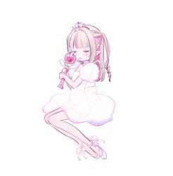 1girl brown_hair bubble_skirt choker closed_eyes closed_mouth colored_inner_hair full_body hair_intakes heart_wand holding holding_wand invisible_chair light_smile long_hair lowres makaino_ririmu mopyo multicolored_hair nijisanji pink_hair puffy_short_sleeves puffy_sleeves see-through_clothes see-through_skirt see-through_sleeves short_sleeves simple_background sitting skirt solo streaked_hair tiara two-tone_hair two_side_up virtual_youtuber wand white_background white_choker white_skirt