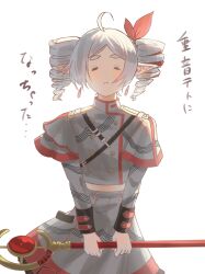 1girl absurdres adapted_costume ahoge alternate_hairstyle black_sleeve_cuffs bow buttons cosplay double-breasted drill_hair e_whorle elf frieren grey_jacket grey_skirt hair_bow hair_ribbon highres jacket kasane_teto kasane_teto_(cosplay) kasane_teto_(sv) long_sleeves midriff musical_staff_print parted_bangs pinstripe_hat pointy_ears red_ribbon red_trim ribbon shoulder_belt shoulder_boards simple_background skirt sleeve_cuffs solo sousou_no_frieren musical_staff striped_clothes striped_jacket synthesizer_v tate_roll_ni_nacchatta_(synthesizer_v) twin_drills white_background white_hair white_ribbon