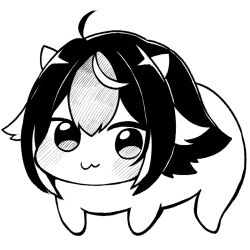 Rule 34 | 1girl, :3, blush, chibi, chibi only, commentary request, cone horns, doro (nikke), full body, goddess of victory: nikke, greyscale, himajin noizu, horns, kijin seija, looking at viewer, monochrome, multicolored hair, simple background, small horns, solo, streaked hair, touhou