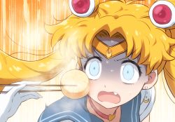 1girl bishoujo_senshi_sailor_moon bishoujo_senshi_sailor_moon_s blonde_hair blue_eyes blue_sailor_collar choker chopsticks commentary_request daikon derivative_work earrings fang food gloves heart heart_choker highres holding holding_chopsticks jewelry long_hair meme oden open_mouth orange_background portrait radish sailor_collar sailor_moon sailor_moon_redraw_challenge_(meme) shirosato solo_focus steam sweat turn_pale white_gloves
