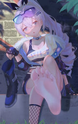 1girl absurdres barefoot blue_eyes eyewear_on_head feet grey_hair highres honkai:_star_rail honkai_(series) long_hair looking_at_viewer open_mouth ponytail shoes silver_wolf_(honkai:_star_rail) single_shoe soles toes unworn_shoes ylic
