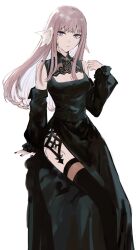 Rule 34 | 1girl, arm support, au ra, black nails, black thighhighs, breasts, cleavage, closed mouth, dress, final fantasy, final fantasy xiv, fingernails, garter straps, hand up, head tilt, highres, horns, invisible chair, long dress, long sleeves, looking at viewer, medium breasts, monster girl, nail polish, nns ff14, pink hair, purple eyes, scales, side slit, simple background, sitting, solo, thighhighs, warrior of light (ff14), white background
