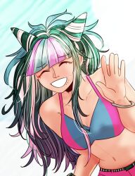 1girl bikini black_hair blue_hair bracelet breasts closed_eyes commentary danganronpa_(series) danganronpa_2:_goodbye_despair danganronpa_s:_ultimate_summer_camp ear_piercing english_commentary face_piercing hair_horns jewelry long_hair ministarfruit mioda_ibuki mouth_piercing multicolored_hair navel piercing pink_hair smile solo stomach swimsuit upper_body waving white_hair