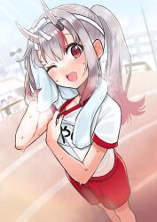 1girl @-you_(you_2023_8_16) blush collar_tug day eyelashes gradient_hair gym_uniform hair_ribbon highres hololive horns long_hair looking_at_viewer multicolored_hair nakiri_ayame one_eye_closed oni open_mouth outdoors ponytail red_eyes ribbon shorts sidelocks skin-covered_horns smile solo sparkle streaked_hair sunlight sweat towel towel_around_neck track_and_field virtual_youtuber white_hair