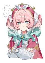 1girl aqua_eyes aqua_hair commentary_request cropped_torso crossed_arms dress hat honkai:_star_rail honkai_(series) hyacine_(honkai:_star_rail) korean_commentary looking_at_viewer medium_hair multicolored_hair pout puff_of_air red_dress red_hat sasa234 simple_background solo twintails two-tone_hair white_background