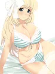 Rule 34 | absurdres, arm support, blonde hair, blush, bra, breasts, cleavage, fishnet thighhighs, fishnets, green eyes, hair ribbon, highres, kumako (kumakonoh), lace, lace-trimmed bra, lace trim, large breasts, long hair, looking at viewer, ribbon, senran kagura, striped bra, striped clothes, thighhighs, underwear, underwear only, white ribbon, yomi (senran kagura)