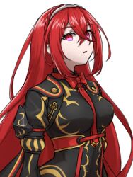 Rule 34 | 1girl, black shirt, bow, bowtie, breasts, crossed bangs, dark persona, female alear (fell dragon) (fire emblem), female alear (fire emblem), fire emblem, fire emblem engage, fire emblem heroes, hair between eyes, highres, long hair, looking at viewer, medium breasts, nintendo, official alternate costume, open mouth, red bow, red bowtie, red eyes, red hair, shirt, solo, tiara, upper body, white background, zuzu (ywpd8853)