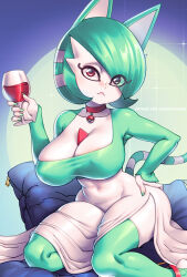 1girl :&lt; alcohol animal_crossing animal_ears ankha_(animal_crossing) artist_name bob_cut breasts cat_ears cat_girl cat_tail choker cleavage closed_mouth collarbone colored_skin covered_erect_nipples covered_navel cup drink drinking_glass eyes_visible_through_hair female_focus fingernails fusion gardevoir gen_3_pokemon green_background green_hair green_shirt green_thighhighs hair_over_one_eye hand_on_own_hip hand_up high-waist_skirt highres holding holding_drink holding_drinking_glass large_breasts long_sleeves looking_at_viewer multicolored_hair nail_polish nintendo patreon_username poke_ball poke_ball_(basic) poke_ball_theme pokemon pokemon_(creature) red_choker red_eyes shirt short_hair sitting skindentation skirt solo sparkle stirrup_legwear striped_tail supersatanson swept_bangs tail thighhighs toeless_legwear two-tone_background two-tone_hair watermark web_address white_hair white_skin white_skirt wide_hips wine wine_glass yokozuwari