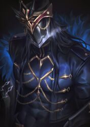 Rule 34 | 1boy, aiguillette, black background, black hair, black helm, black jacket, breath, capitano (genshin impact), chain, commentary, covered abs, covered navel, covered pectorals, crovius, english commentary, faceless, faceless male, fur-trimmed jacket, fur trim, genshin impact, gold chain, gold trim, helm, helmet, highres, jacket, long hair, long sleeves, male focus, pectorals, simple background, solo, upper body