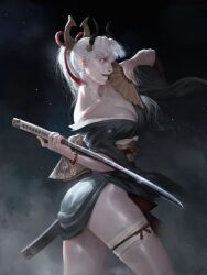 breasts cl fan horns large_breasts leg_wrap ponytail sword tagme weapon white_hair