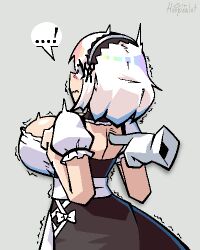 ...! 1girl apron artist_name azur_lane back bare_arms bow breasts disembodied_hand gloves large_breasts looking_away maid maid_apron maid_headdress motion_lines poking red_eyes ribbon short_hair simple_background sirhoopsalot sirius_(azur_lane) speech_bubble surprised white_hair wide-eyed wide_eyes
