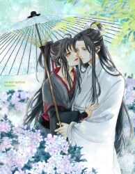 2boys ahoge bishounen black_hair black_hanfu blurry chinese_clothes closed_mouth couple depth_of_field eye_contact flower grey_eyes hair_ribbon hanfu headband high_ponytail highres holding holding_umbrella hug hydrangea lan_wangji leaf long_hair long_sleeves looking_at_another male_focus modao_zushi multiple_boys oil-paper_umbrella open_mouth outdoors ponytail purple_flower rain red_ribbon ribbon robe shared_umbrella sidelocks sleeves_past_wrists smile standing topknot umbrella upper_body very_long_hair w2biiro wei_wuxian white_hanfu white_headband wide_sleeves xiao_guan_(headdress) yaoi yellow_eyes