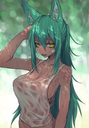 Rule 34 | 1girl, animal ear fluff, animal ears, aqua hair, arm up, bandaid, bandaid on cheek, bandaid on face, bare arms, bare shoulders, blurry, blurry background, breasts, cleavage, covered erect nipples, gomio (bb-k), hair between eyes, hand on own head, highres, irvine (gomio), large breasts, long hair, looking at viewer, nipples, original, parted lips, see-through clothes, sharp teeth, sideboob, sidelocks, simple background, solo, sweat, tank top, teeth, upper body, very long hair, wet, wet clothes, white tank top, yellow eyes