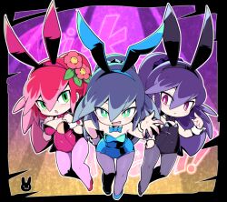 3girls animal_ears bare_shoulders black_bow black_bowtie black_footwear black_leotard blue_bow blue_bowtie blue_footwear blue_hair blue_leotard blush bow bowtie breast_suppress breasts bright_pupils commentary_request covered_navel detached_collar english_text fake_animal_ears flower fubukihime green_eyes hair_flower hair_ornament hairband halloween hand_on_own_hip high_ponytail hyakkihime large_breasts leotard long_hair looking_at_another looking_at_viewer medium_breasts multicolored_hair multiple_girls nollety open_mouth pantyhose pink_bow pink_bowtie pink_leotard pink_shoes playboy_bunny ponytail purple_eyes purple_hair rabbit_ears red_hair shoes small_breasts strapless strapless_leotard thigh_gap traditional_youkai trick_or_treat tsubakihime_(youkai_watch) two-tone_hair white_pupils wide_hips wrist_cuffs youkai_(youkai_watch) youkai_watch yuki_onna