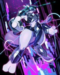 absurdres armor blue_eyes commentary commission english_commentary fewer_digits gen_1_pokemon glitch glowing glowing_eyes highres legendary_pokemon looking_at_viewer mewtwo nintendo no_humans pillar_buster pokemon pokemon:_the_first_movie_-_mewtwo_strikes_back pokemon_(anime) pokemon_(classic_anime) pokemon_(creature) purple_background solo sparkle tail