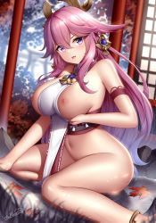 1girl anklet bare_shoulders blush bottomless breasts breasts_out crossed_bangs genshin_impact hair_ornament highres japanese_clothes jewelry large_breasts leaf long_hair looking_at_viewer maple_leaf miko navel nipples open_mouth parted_lips pink_hair purple_eyes solo thighs tongue tongue_out water wsman yae_miko