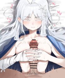 bandages bed blue_archive blush breasts closed_eyes closed_mouth colored_eyelashes hair_ornament lying nagusa_(blue_archive) paizuri penis white_eyelashes white_hair yzr_(yzr99)