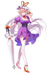 Rule 34 | 1girl, arong, black corset, blonde hair, breasts, choker, cleavage, closed mouth, corset, dress, full body, gloves, hand in own hair, hat, hat ribbon, high heels, highres, holding, holding umbrella, large breasts, long hair, looking at viewer, mob cap, puffy short sleeves, puffy sleeves, purple dress, purple eyes, red choker, red gloves, red ribbon, red shoes, ribbon, shoes, short sleeves, simple background, sitting, smile, solo, thighhighs, touhou, umbrella, very long hair, white background, white hat, white thighhighs, white umbrella, yakumo yukari