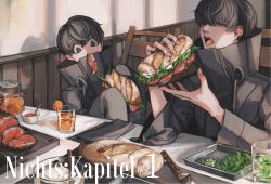 2boys absurdres black_coat black_eyes black_hair bread chair coat commentary cup drinking_glass eating fatalbug896 food food_focus food_in_mouth fruit german_text hair_between_eyes hands_up high_collar highres holding indoors jar knife lemonade lettuce long_sleeves looking_at_food male_focus meal meat multiple_boys open_mouth orange_(fruit) orange_slice original sandwich sauce short_hair sitting sleeves_past_fingers sleeves_past_wrists table translated turtleneck upper_body wide_sleeves wooden_wall