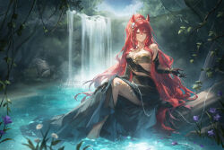 1girl arknights bare_shoulders black_bra black_skirt blush bra breasts cleavage commentary crossed_bangs english_commentary flower forest hair_between_eyes hair_flower hair_ornament helen_zzhao highres large_breasts long_hair looking_at_viewer narantuya_(arknights) nature parted_lips ponytail red_eyes red_hair sidelocks skirt soaking_feet solo underwear water waterfall white_flower