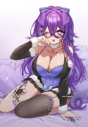 1girl animal_ears black_skirt black_sleeves blue_bow bow boxcutter breasts cleavage detached_collar eyelashes fang fur-trimmed_sleeves fur_collar fur_trim grey_bow hair_between_eyes hair_bow hair_ornament hairclip heart heart-shaped_pillow highres holding indie_virtual_youtuber large_breasts leg_tattoo lips multicolored_hair nemuaki one_eye_closed parted_lips pig_ears pig_girl pig_tail pillow pleated_skirt purple_bow purple_eyes purple_hair semi-rimless_eyewear single_thighhigh skirt solo sparkling_eyes streaked_hair tail tattoo thighhighs twitter_username uwasa_oink virtual_youtuber