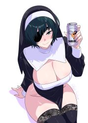 1girl absurdres alcohol beer beer_can black_dress black_thighhighs black_veil blush breasts can chainsaw_man cleavage cleavage_cutout clothing_cutout dress drink drink_can eyepatch gratam green_eyes guimpe highres himeno_(chainsaw_man) holding holding_can holding_drink lace_trim large_breasts light_blush looking_at_viewer no_panties nun short_hair simple_background sitting smile solo thick_thighs thighhighs thighs twitter_username veil white_background