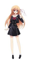 1girl bare_legs black_shoes bow breasts buttons chaos;child chest_bow cropped_jacket double-breasted dress_vest full_body game_cg hair_between_eyes hair_ribbon hand_up hekiho_academy_school_uniform highres kurusu_nono large_breasts loafers long_hair long_sleeves looking_at_viewer miniskirt official_art open_mouth orange_hair purple_eyes red_bow red_ribbon ribbon sailor_collar sasaki_mutsumi school_emblem school_uniform science_adventure shoes simple_background skirt socks solo sprite thighs tongue white_background white_sailor_collar white_socks