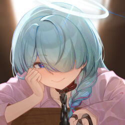 alternate_costume blue_archive blue_eyes blue_hair blush braid chain chain_leash closed_mouth general_student_council_president_(blue_archive) hair_over_one_eye hand_on_own_cheek hand_on_own_face heart heart-shaped_pupils leash long_hair looking_at_viewer pink_shirt saw272 shirt sidelocks single_braid smile symbol-shaped_pupils