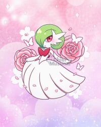 Rule 34 | blush, bob cut, bug, butterfly, chibimusume, colored skin, dress, elbow gloves, flower, gardevoir, gen 3 pokemon, gloves, green hair, hair over one eye, highres, insect, mega gardevoir, mega pokemon, nintendo, petals, pink eyes, pink flower, pink petals, pink rose, pokemon, pokemon (creature), rose, signature, sparkle, white dress, white gloves, white skin