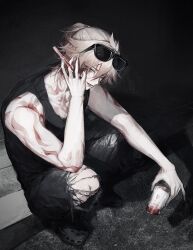 1boy absurdres alternate_costume arm_tattoo black_shirt black_tank_top blonde_hair chest_tattoo commentary cup denim eyewear_on_head facial_tattoo gradient_hair hair_between_eyes highres holding holding_cup holding_straw honkai:_star_rail honkai_(series) jeans looking_at_viewer male_focus medium_hair multicolored_hair mydei_(honkai:_star_rail) night pants ponytail red_hair red_tattoo shirt sleeveless sleeveless_shirt smile solo squatting sunglasses sunset_1830 tank_top tattoo torn_clothes torn_jeans torn_pants yellow_eyes