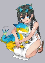 1girl 1other animal animal_hug bare_arms bare_legs bare_shoulders barefoot black_hair braid collared_dress double-parted_bangs dragon dress earrings flower_wreath full_body hair_between_eyes highres hip_vent jewelry kneeling kohinata_iroha long_hair multiple_braids original sandals side_slit small_dragon thighs upturned_eyes