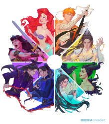 3girls 5boys ariel_(disney) armlet armor armored_dress artist_name bandaged_arm bandages bandaid bandaid_on_cheek bandaid_on_face bare_shoulders bikini bird bishounen black_hair bleach blue_eyes blue_robe bracer breasts chest_sarashi chinese_clothes chu_wanning cleavage clone color_coordination color_wheel color_wheel_challenge crossover crow dress eneadart erha_he_tadebai_mao_shizun facial_mark fake_horns folding_fan forehead_mark fork green_eyes grin hand_fan hanfu highres holding holding_fan holding_fork holding_sword holding_weapon horned_headwear horns jewelry kurosaki_ichigo lipstick long_hair long_sleeves looking_at_viewer makeup maleficent medium_breasts mermaid mo_ran monster_girl multiple_boys multiple_crossover multiple_drawing_challenge multiple_girls open_mouth orange_eyes orange_hair over_shoulder parted_lips pauldrons ponytail purple_robe red_hair red_lips renzha_fanpai_zijiu_xitong robe sarashi shell shell_bikini shen_qingqiu shinigami short_hair shoulder_armor sleeping_beauty_(disney) sleeveless sleeveless_dress smile spiked_hair swimsuit sword sword_over_shoulder the_little_mermaid_(disney) vambraces weapon weapon_over_shoulder white_robe wide_sleeves witch xena xena:_warrior_princess zangetsu_(shikai)