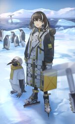 1girl :d arknights arms_at_sides backpack bag beanie bird black_sleeves blue_sky brown_hair coat commentary_request cross-laced_footwear day drone earrings emperor_penguin full_body gloves hat highres holding ice ice_skates iceberg jewelry looking_at_viewer magallan_(arknights) mask mask_around_neck multicolored_coat multicolored_hair open_mouth outdoors partial_commentary penguin rhine_lab_logo scarf shirt short_hair single_earring skates sky smile solo standing streaked_hair sunglasses teeth two-tone_coat upper_teeth_only water weasel_(close-to-the-edge) white_gloves white_shirt yellow_eyes yellow_scarf