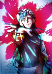 1boy black_shirt blue_hair bracer face_piercing gokuraku_(madan_no_ichi) grey_hair hand_up lip_piercing long_hair looking_at_viewer madan_no_ichi male_focus multicolored_hair onsen_hphp piercing red_background shirt solo watermark web_address