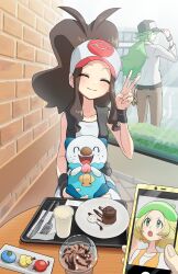 1boy 2girls absurdres adjusting_clothes adjusting_headwear asamaru1225 berry_(pokemon) bianca_(pokemon) black_vest blonde_hair blue_shorts blush brown_hair brown_pants cellphone closed_eyes coffee cup food fork frappuccino gen_5_pokemon green_eyes green_hair green_hat grey_hat hat head_tilt highres hilda_(pokemon) holding holding_phone holding_pokemon knife long_hair looking_back looking_to_the_side multiple_girls n_(pokemon) nintendo open_mouth oshawott pants phone pokemon pokemon_(creature) pokemon_bw ponytail pov shirt shorts sitting smartphone smile sweatdrop table tray v vest white_hat white_shirt window wristband