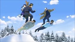 1girl 4boys abs ainu ainu_clothes asirpa bad_id bad_twitter_id bandana bare_shoulders barefoot beard belt black_eyes black_footwear black_hair black_jacket black_pants blue_bandana blue_coat blue_eyes blue_sky blush boots brown_belt brown_coat buttons buzz_cut cape clenched_hand closed_eyes cloud cloudy_sky clowncave coat collarbone collared_jacket commentary dark-skinned_male dark_skin day english_commentary eye_contact facial_hair facial_scar forehead_protector forest from_below from_side full_body fundoshi fur_cape goatee golden_kamuy grey_headwear grey_pants hair_slicked_back hat highres holding holding_person imperial_japanese_army jacket japanese_clothes kepi koito_otonoshin leather_belt long_hair long_sideburns long_sleeves looking_at_another looking_at_viewer lying military military_hat military_uniform multiple_boys muscular muscular_male mustache nature open_mouth outdoors pants parted_bangs parted_lips pectorals pouch scar scar_on_cheek scar_on_face scar_on_nose scarf short_hair sideburns sky smile snow spruce standing standing_on_person stubble sugimoto_saichi surfing tanigaki_genjirou tears thick_eyebrows tree tsurumi_tokushirou two-tone_headwear underwear underwear_only very_short_hair white_cape white_footwear white_jacket yellow_headwear yellow_scarf