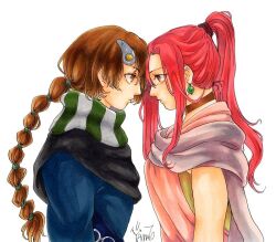 1boy 1girl aged_up braid breasts brother_and_sister brown_eyes brown_hair cape closed_mouth dress earrings eye_contact facing_another final_fantasy final_fantasy_iv final_fantasy_iv:_the_after_years forehead-to-forehead hair_ornament hair_tie heads_together high_ponytail jewelry long_hair looking_at_another matching_hair/eyes medium_breasts palom pink_hair ponytail porom scarf shirt siblings simple_background single_braid striped_clothes striped_scarf twins umasukesankana upper_body white_background
