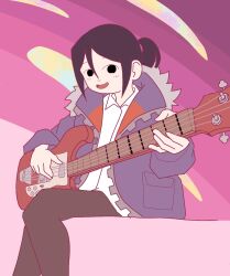 1girl bass_guitar black_eyes black_hair collared_shirt fur-trimmed_jacket fur_trim hair_between_eyes highres holding holding_bass_guitar holding_instrument instrument jacket knives_chau open_mouth pants ponytail scott_pilgrim_(series) scott_pilgrim_takes_off shirt short_hair short_ponytail sidelocks sitting smile solo user_dzjy5844 white_shirt