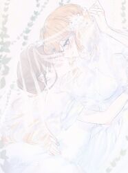 2girls blush bridal_veil brown_hair dress earrings female_focus freckles from_side hand_on_another&#039;s_back highres holding_veil imminent_kiss ishmael_(project_moon) jewelry leaf limbus_company multiple_girls oc_x_canon orange_hair original profile project_moon ring riri_(kira0311) smile upper_body veil wedding wedding_dress white_dress wife_and_wife yuri